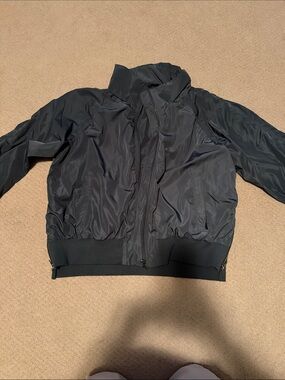 Athleta Dark Blue Bomber Jacket with folded hood inside collar
